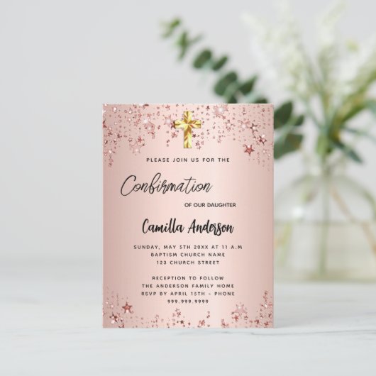 Invitation Carte Postale Script de fille étoile rose de confirmation (Debout devant)