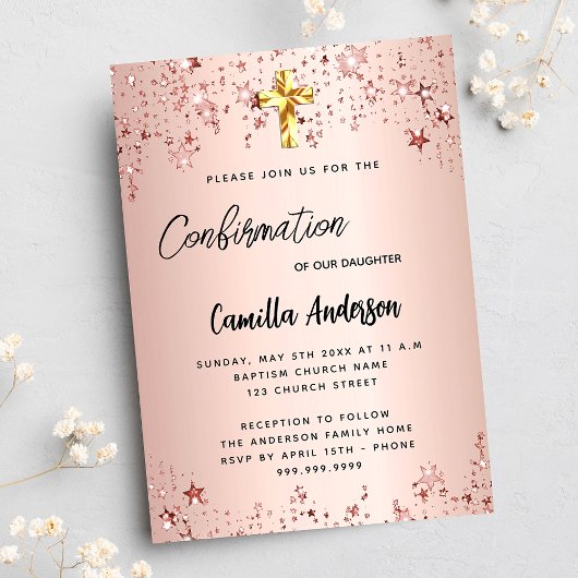 Invitation Carte Postale Script de fille étoile rose de confirmation