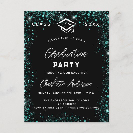 Invitation Carte Postale Script de parties scintillant turquoise noire vert (Devant)