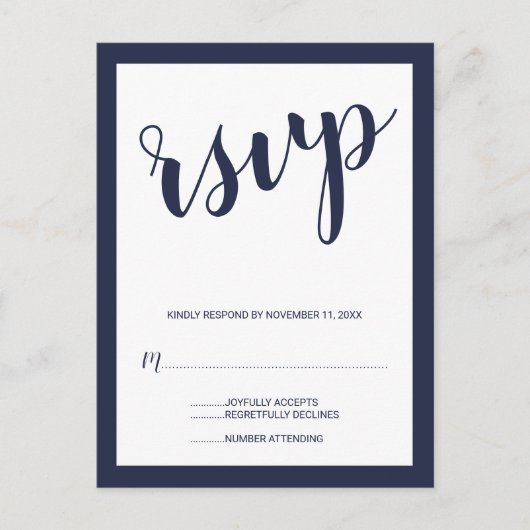 Invitation Carte Postale Script moderne Marine Blue Wedding RSVP (Devant)