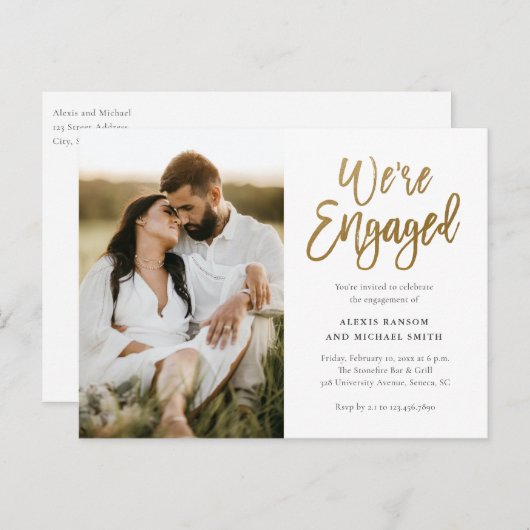 Invitation Carte Postale Script moderne Nous sommes engagés Photo Engagemen (Devant / Derrière)