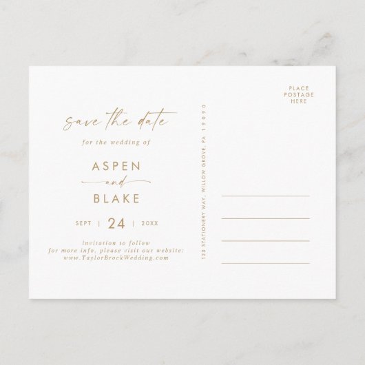 Invitation Carte Postale Script or moderne Horizontal Enregistrer la date (Dos)