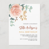 Invitation Carte Postale Script rose or fleuri de la verdure d'anniversaire (Devant)