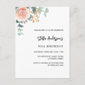 Invitation Carte Postale Script rose or fleuri de la verdure d'anniversaire (Devant)