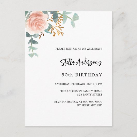 Invitation Carte Postale Script rose or fleuri de la verdure d'anniversaire (Devant)