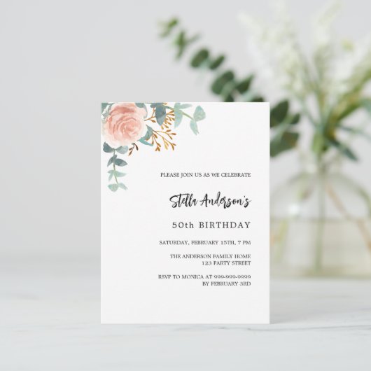 Invitation Carte Postale Script rose or fleuri de la verdure d'anniversaire (Debout devant)