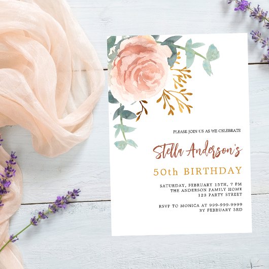 Invitation Carte Postale Script rose or fleuri de la verdure d'anniversaire