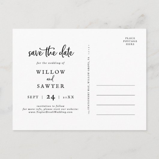 Invitation Carte Postale Script rustique 3 Photo Enregistrer la date (Dos)