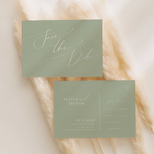 Invitation Carte Postale Script Whimsical | Vert Sage Enregistrer La Date