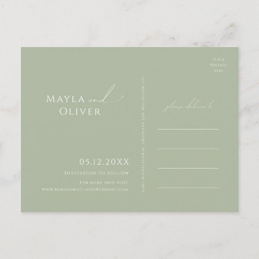 Invitation Carte Postale Script Whimsical | Vert Sage Enregistrer La Date (Dos)
