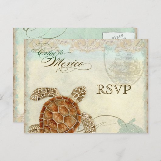 Invitation Carte Postale Sea Turtle Modern Coastal Ocean Beach Swirls (Devant / Derrière)