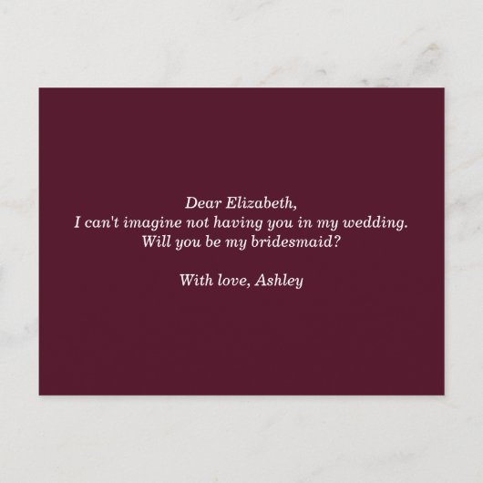 Invitation Carte Postale Serez-vous ma demoiselle d'honneur ? Élégant scrip (Dos)