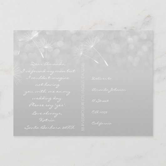 Invitation Carte Postale Serez-Vous Ma Femme D'Accueil Dandelion Grey Silve (Dos)