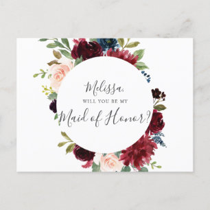 Invitation Carte Postale Serez-Vous Ma Fille D'Honneur Burgundy Blue Floral