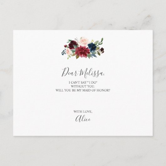 Invitation Carte Postale Serez-Vous Ma Fille D'Honneur Burgundy Blue Floral (Dos)