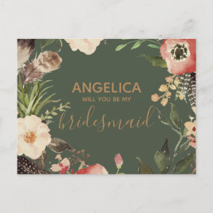 Invitation Carte Postale Serez-vous ma serveuse d'honneur en or vert