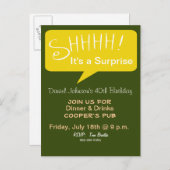 Invitation Carte Postale Shh Surprise Party - Vert & Or (Devant / Derrière)