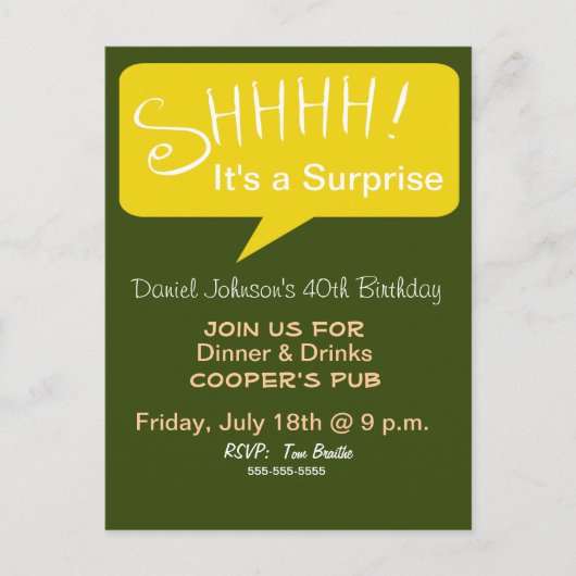 Invitation Carte Postale Shh Surprise Party - Vert & Or (Devant)
