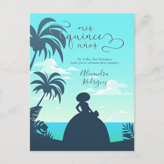 Invitation Carte Postale Silhouette tropicale Quinceanera (Devant)