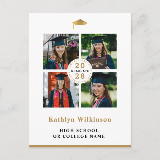 Invitation Carte Postale Simple Gold Modern 4 Photo Collage Graduation (Devant)