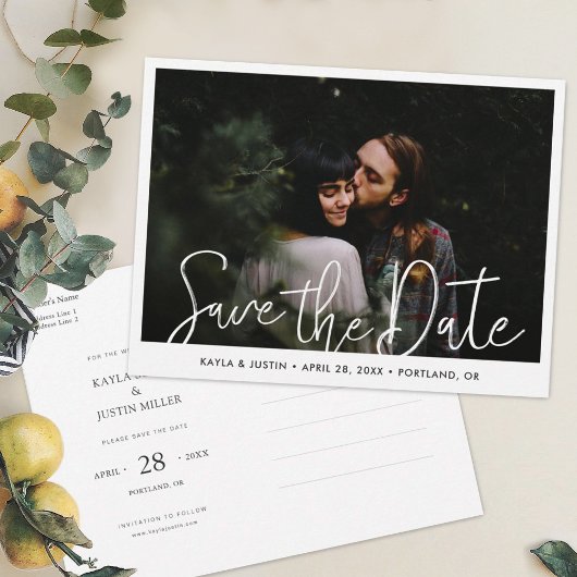 Invitation Carte Postale Simple Modern Script Photo Enregistrer le Mariage