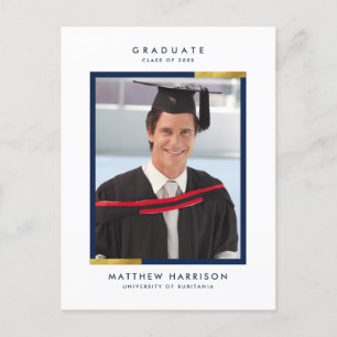 Invitation Carte Postale Simple Navy Blue & Gold Photo Graduation Party