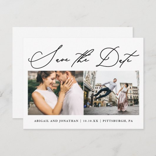 Invitation Carte Postale Simple Script Deux photos Moderne Enregistrer la d (Devant / Derrière)