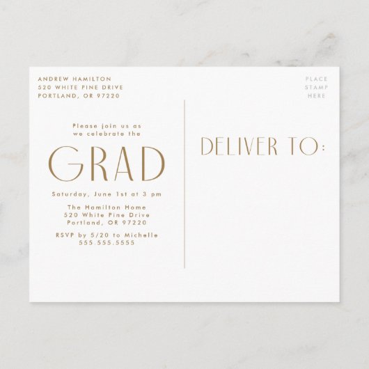 Invitation Carte Postale Simplicité moderne en laiton Photo Graduation Part (Dos)