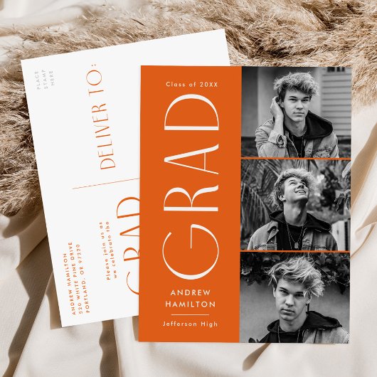 Invitation Carte Postale Simplicité moderne Orange 3 Photo Graduation Party