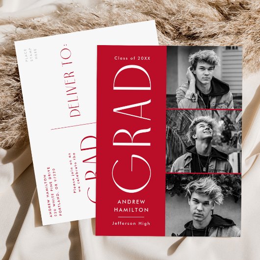 Invitation Carte Postale Simplicité moderne Red 3 Photo Graduation Party