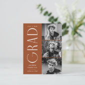 Invitation Carte Postale Simplicité moderne rouille 3 Photo Graduation Part (Debout devant)