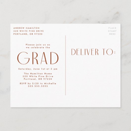 Invitation Carte Postale Simplicité moderne Rust Photo Party Graduation (Dos)