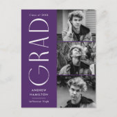 Invitation Carte Postale Simplicité moderne violet 3 Photo Graduation Party (Devant)