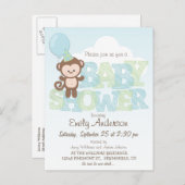 Invitation Carte Postale Singe mignon ; Baby shower bleu et vert (Devant / Derrière)