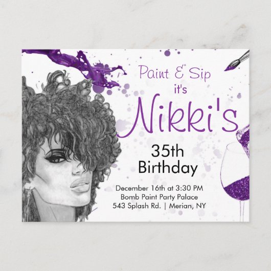 Invitation Carte Postale Sip & Paint Birthday Invite (Devant)
