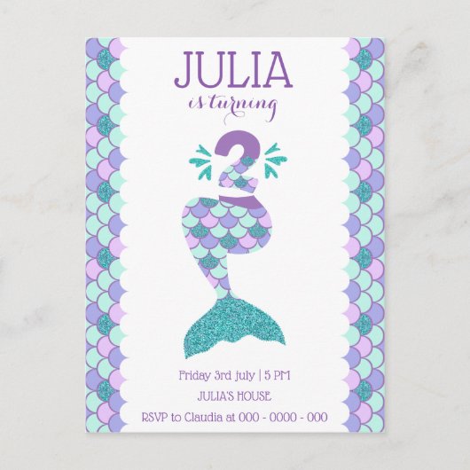 Invitation Carte Postale Sirène d'anniversaire Sirène Numéro 2 (Devant)