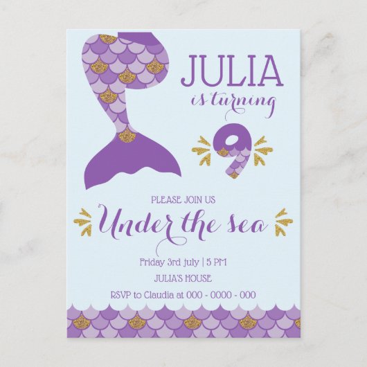 Invitation Carte Postale Sirène d'anniversaire Sirène Numéro 9 (Devant)