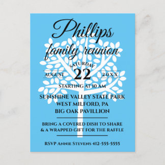 Invitation Carte Postale Sky Blue Family Reunion White Tree Silhouette