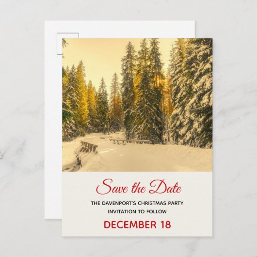 Invitation Carte Postale Snowy Winter Path with Pine Trees Enregistrer la d (Devant / Derrière)