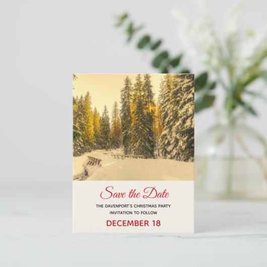 Invitation Carte Postale Snowy Winter Path with Pine Trees Enregistrer la d (Debout devant)