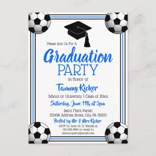 Invitation Carte Postale Soccer Blue & Black Graduation Party (Devant)