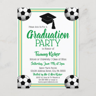 Invitation Carte Postale Soccer Green & Gold Graduation Party