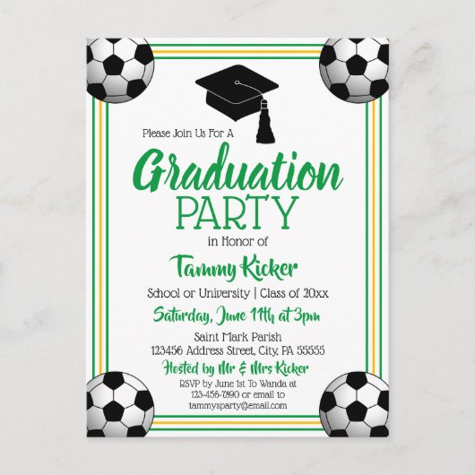 Invitation Carte Postale Soccer Green & Gold Graduation Party (Devant)
