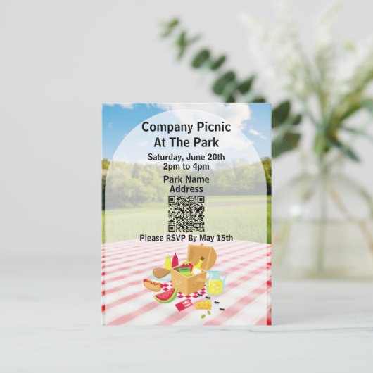 Invitation Carte Postale Société Pique-nique Parc QR Code Petites fourmis (Debout devant)