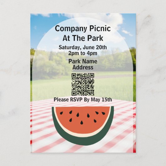 Invitation Carte Postale Société Pique-nique Parc QR Code Watermelon (Devant)