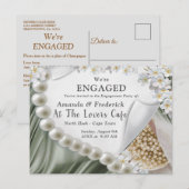 Invitation Carte Postale Soie vert feuille et perles d'ivoire pour fiançail (Devant / Derrière)