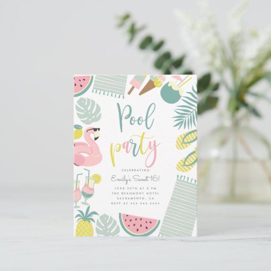 Invitation Carte Postale Soirée de la piscine d'été branchée Script Sweet 1 (Debout devant)
