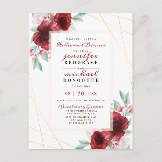 Invitation Carte Postale Soirée de répétition florale Rose Merlot Glam (Devant)
