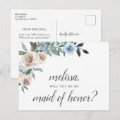 Invitation Carte Postale Sois Ma Fille D'Honneur Dusty Blue Flowers Boho (Devant / Derrière)