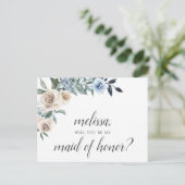 Invitation Carte Postale Sois Ma Fille D'Honneur Dusty Blue Flowers Boho (Debout devant)
